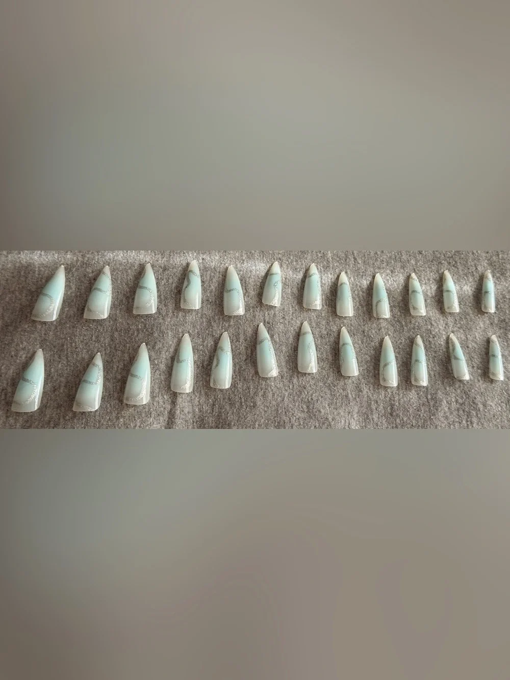 Stiletto Press-On Nails — Mint Green with Silver Glitter Swirl